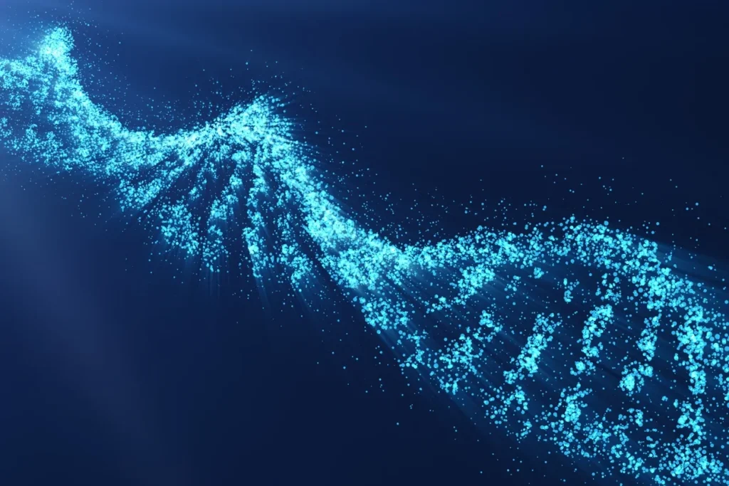 A blue background with a dna strand in the middle.