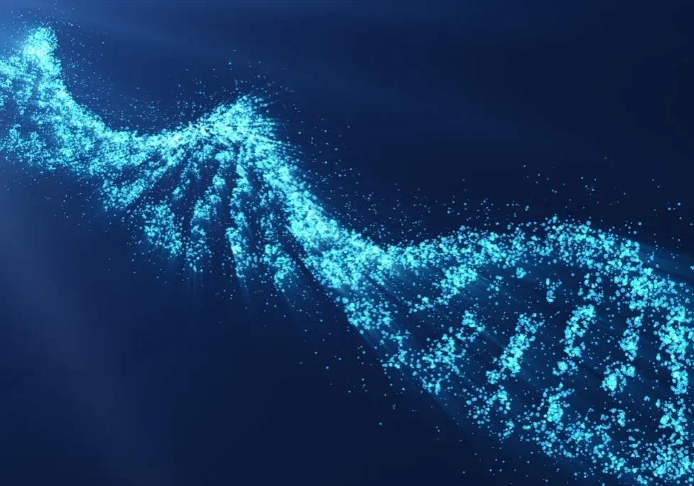 A blue background with a dna strand in the middle.